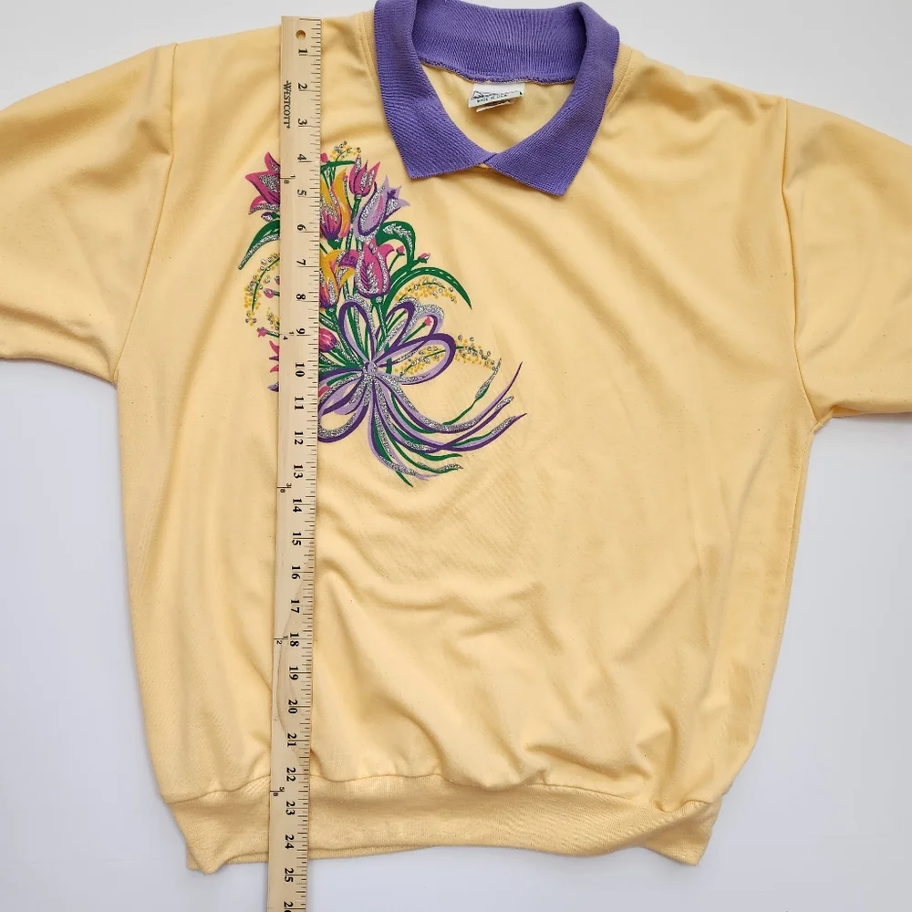 Vintage Haband For Her 80s 90 Granny Yellow Top Purple Collar Short Sleeve Large - Picture 13 of 17